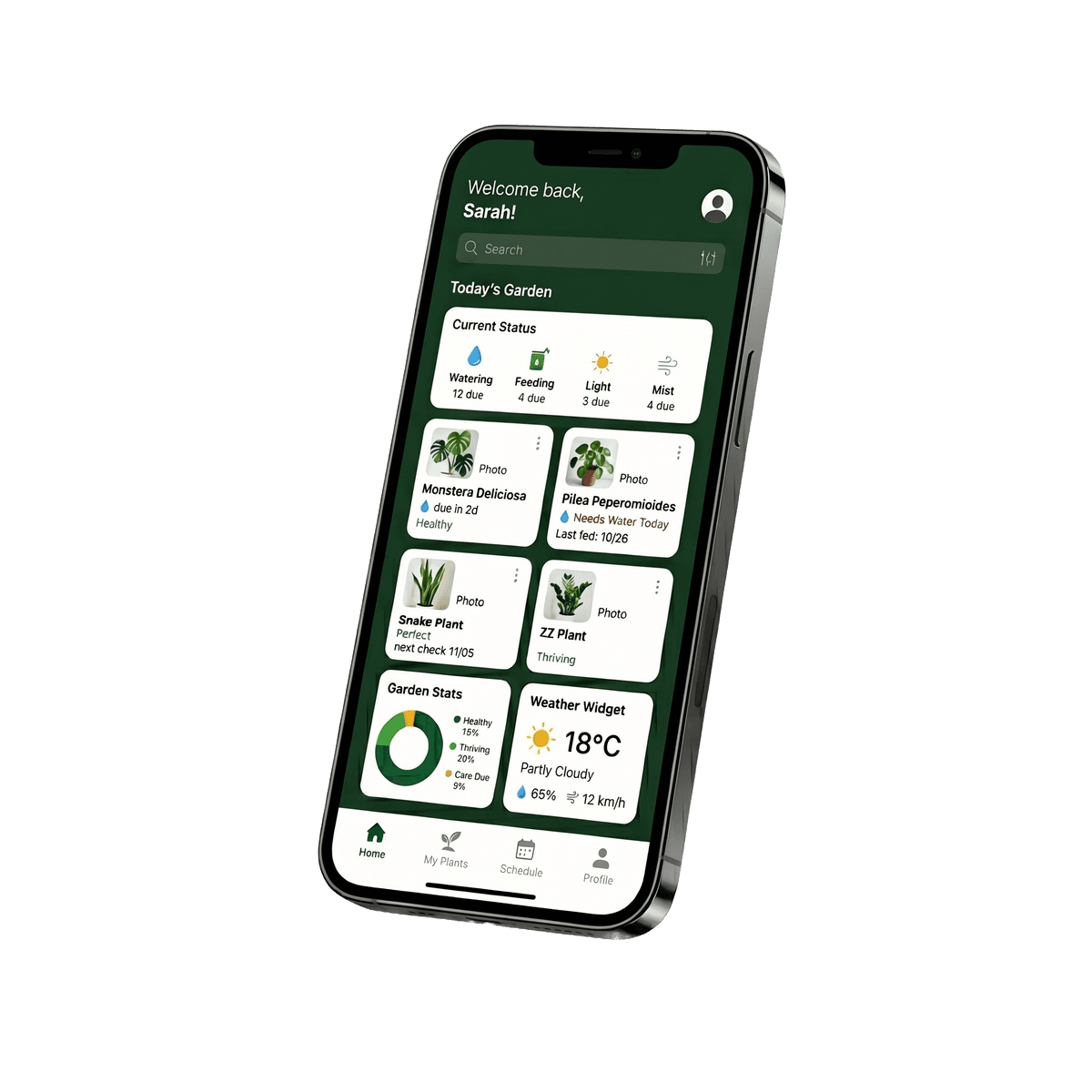 GrowBox app dashboard showing plant care management on iPhone