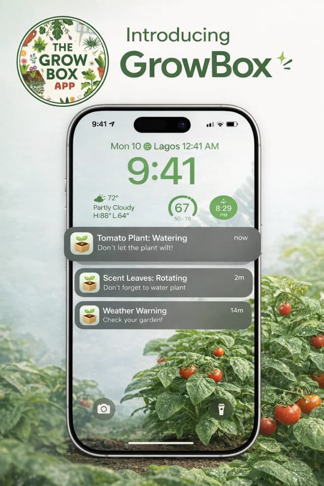 GrowBox app showing watering notifications on iPhone lock screen